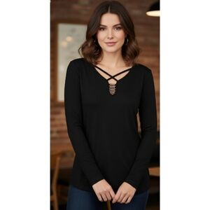 Rock & Republic Criss Cross Black Long Sleeve Top